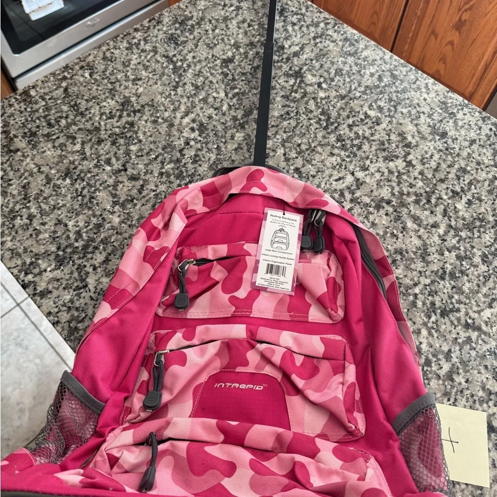 Pink Camo Backpack by Intrepid with wheels - Picture 2 of 2